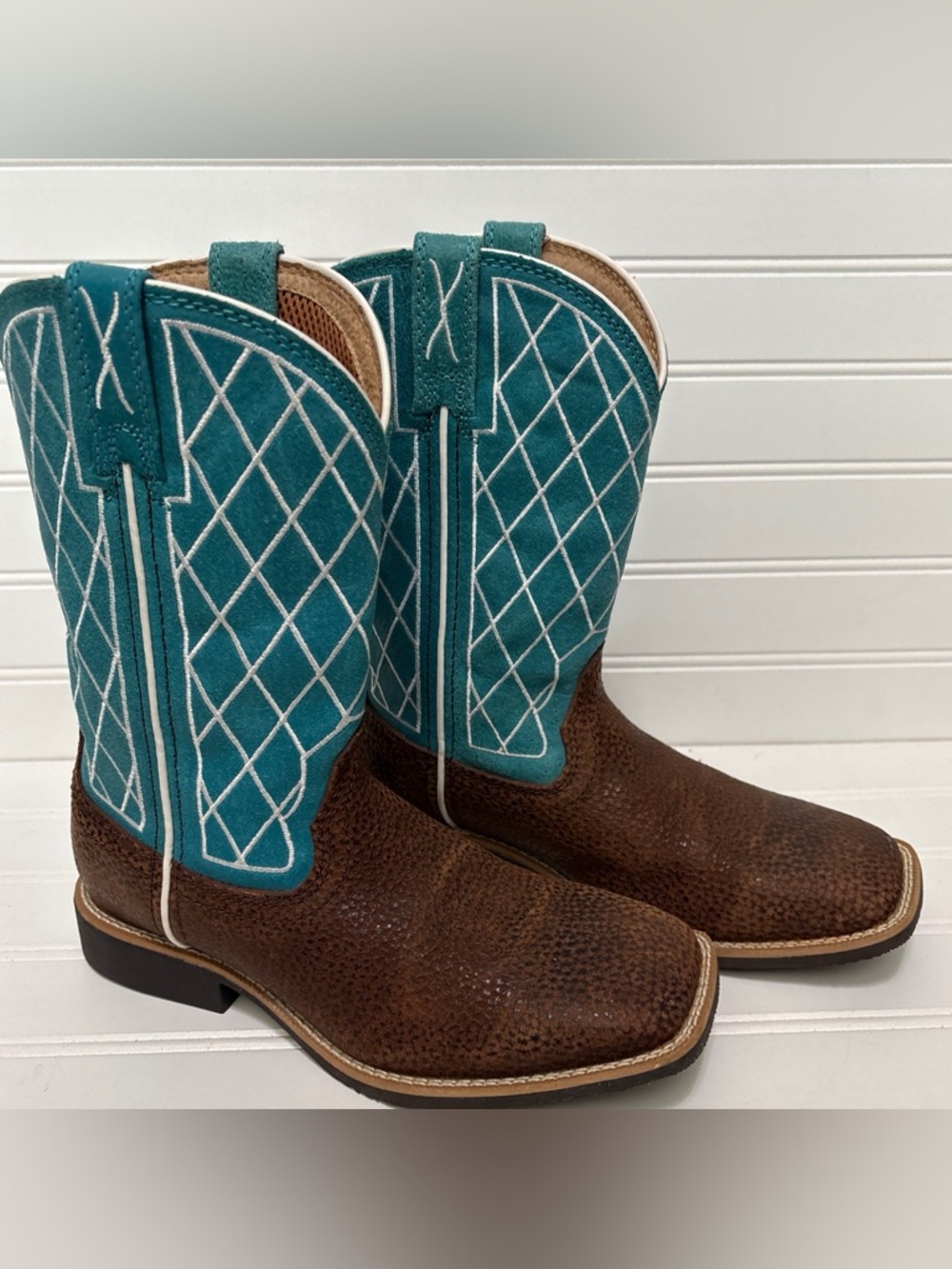 TWISTED X Top Hand Kids Distressed Saddle Turquoise Cowboy Boots Boys Size 2.5 M